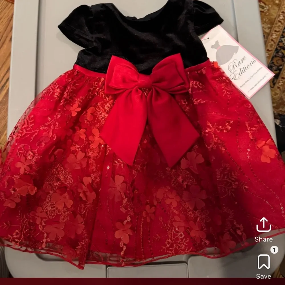NWT Rare‎ Editions Baby Girl Velvet Cap Sleeve 3D Sequin Social Dress Christmas